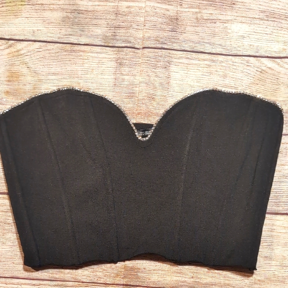 Zara Black Strapless Corset Bustier Rhinestone Detail Top Size L